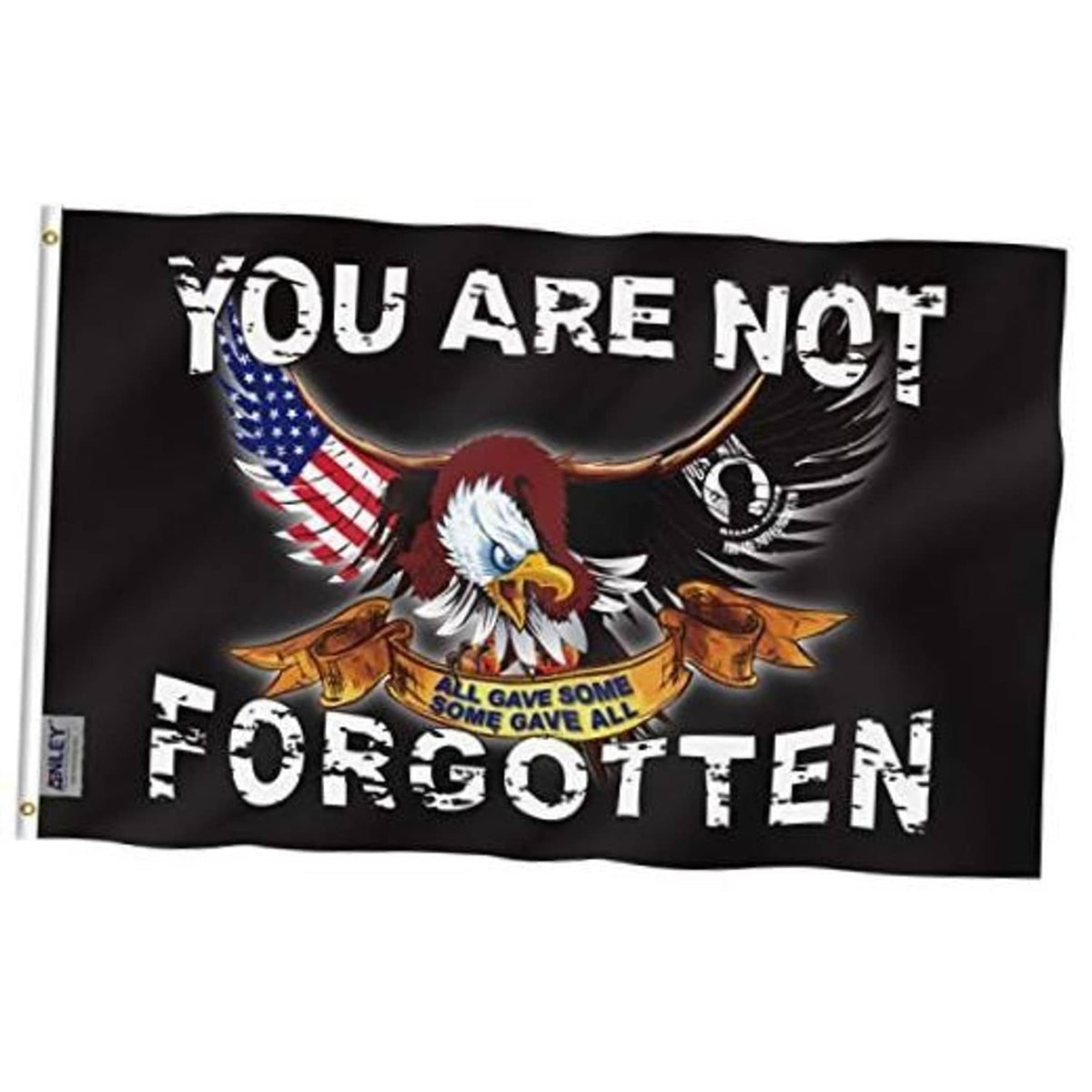 Black POW/MIA flag with eagle, U.S. flag, and “You are not forgotten” slogan