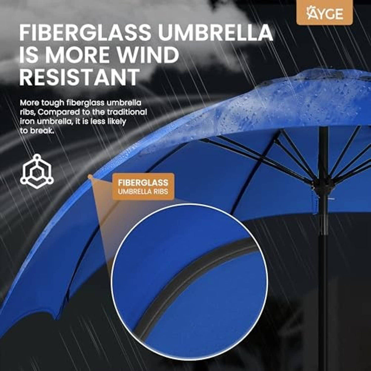 Blue patio umbrella open canopy with reinforced rib structure and central pole