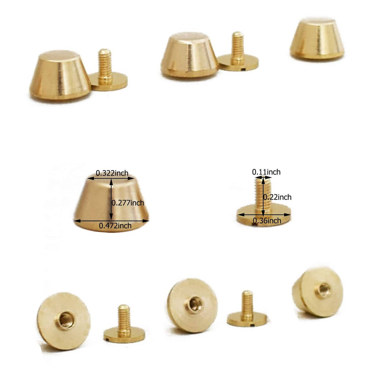 Round brass screw-back handbag feet, front view with size measurements