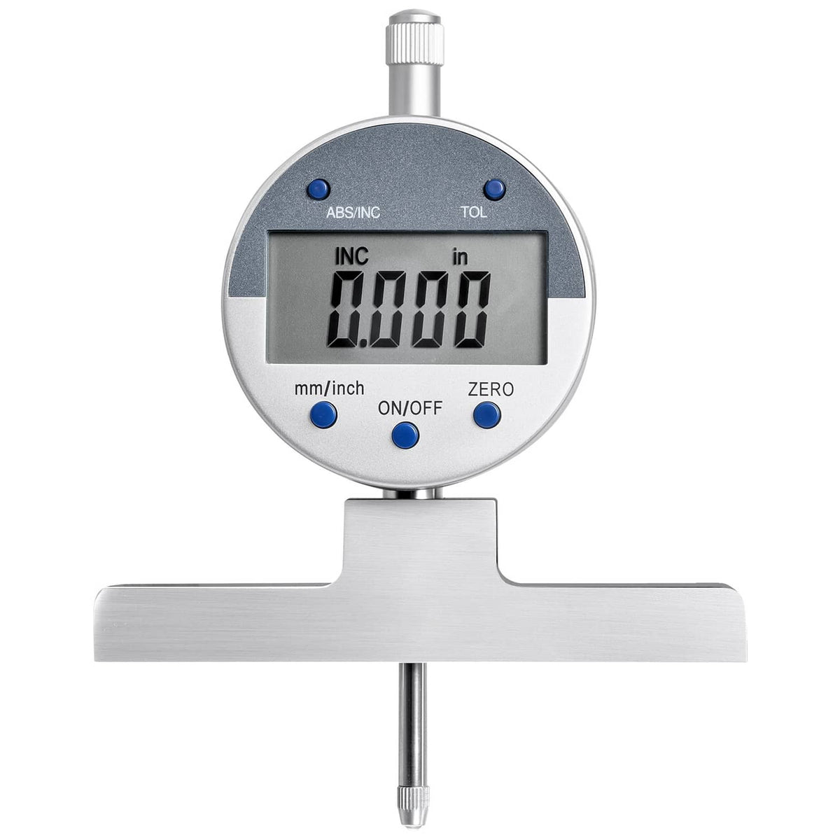Digital depth micrometer front view with LCD display and metal anvil base