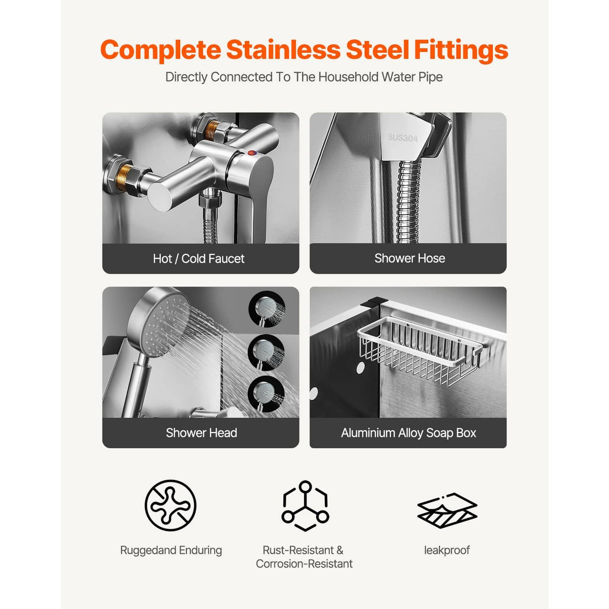 Stainless steel water inlet and shower fittings for pet grooming tub