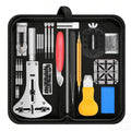 Watch repair tool kit in zippered case with screwdrivers, tweezers, pin punches, cloth.