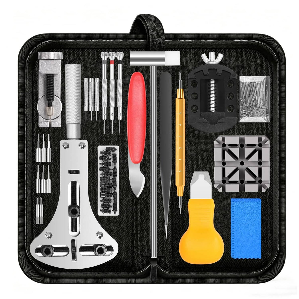 Watch repair tool kit in zippered case with screwdrivers, tweezers, pin punches, cloth.