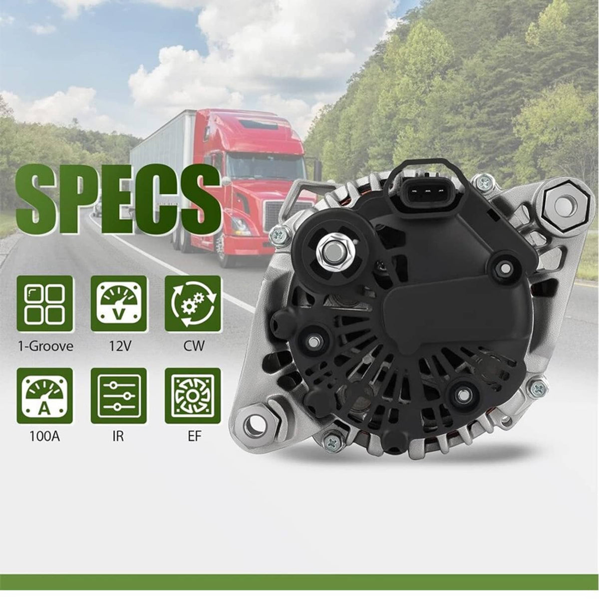 Alternator with black electrical connector and silver body, centered on vehicle-style graphic.