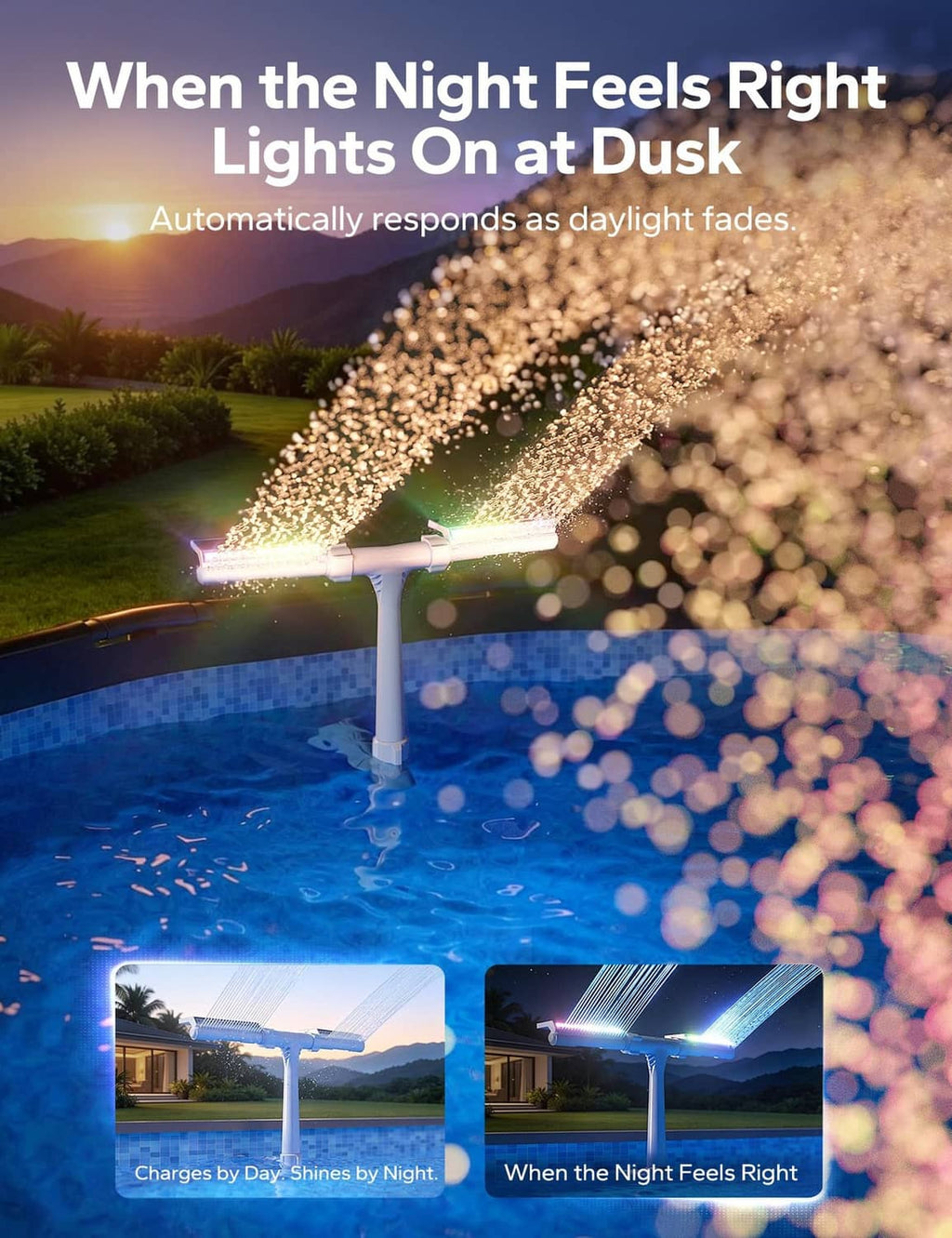 Solar pool fountain with glowing LED light bar creating sparkling water at dusk