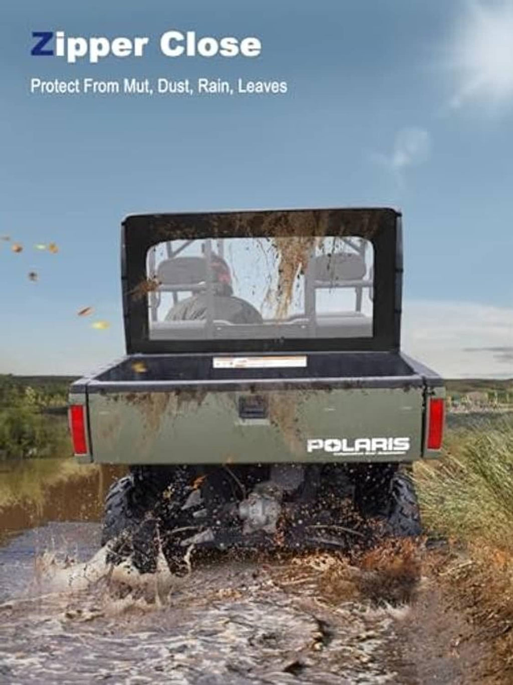 Rear soft UTV windshield with clear panels, zipper closure, and black frame