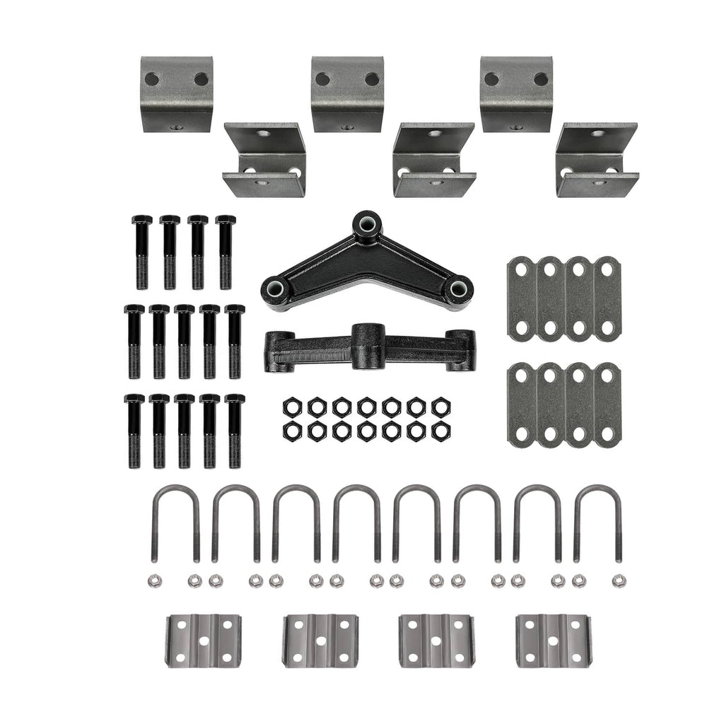 Trailer axle suspension hardware kit with black brackets, U-bolts, and plates