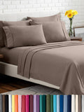 Taupe microfiber bed sheet set with deep pockets and matching pillowcases.