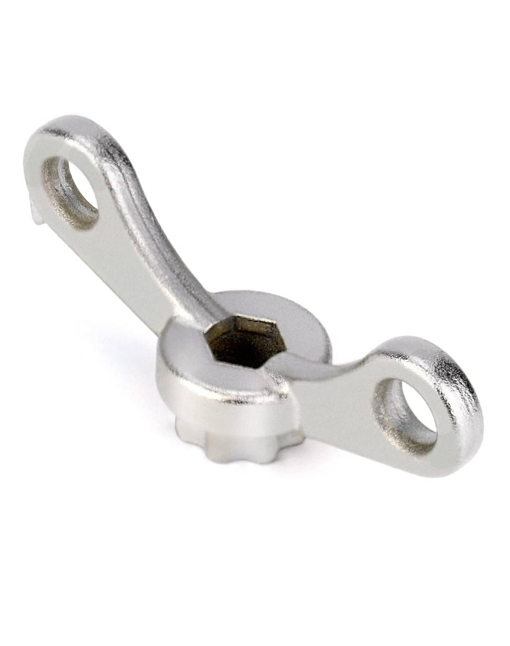 Silver crank dust cap wrench with twin rings and hex socket drive end