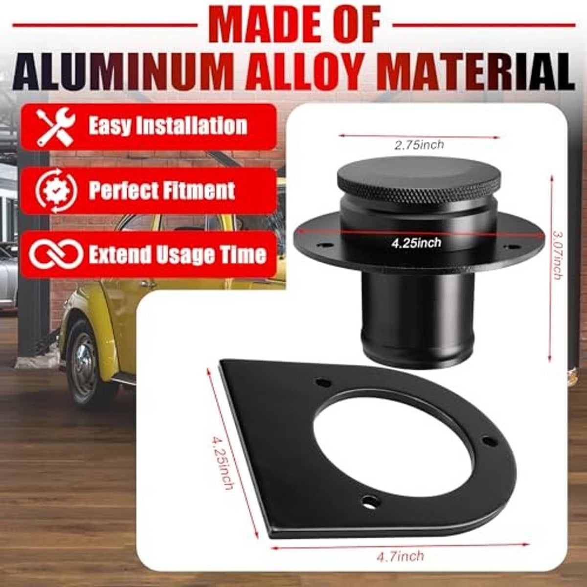 Black aluminum remote fuel tank filler neck with textured cap and weld-on mount plate