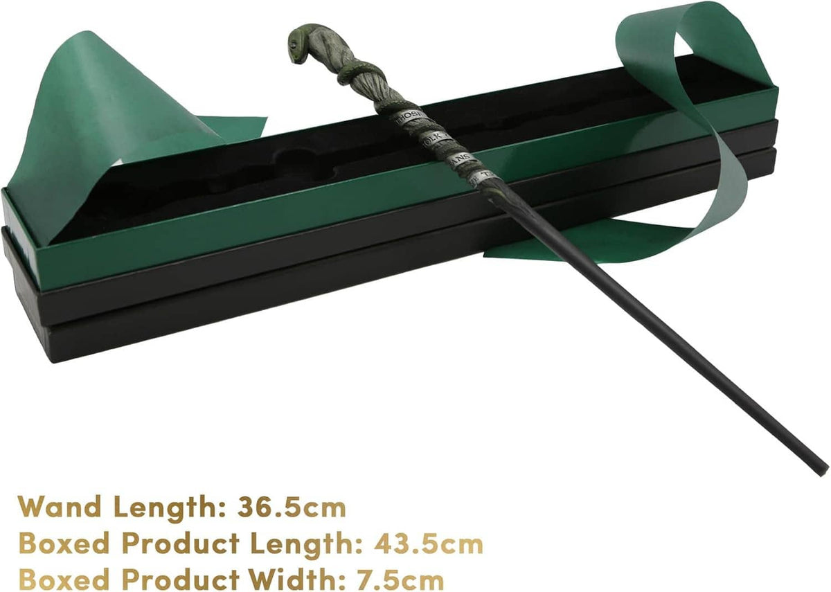 Serpent-themed wand with coiled green handle in boxed set with green ribbon bow