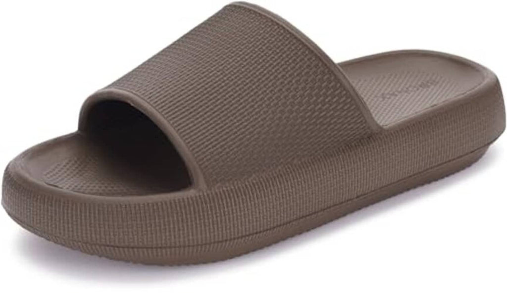 Brown slide slippers with thick cushioned sole and woven-look strap upper