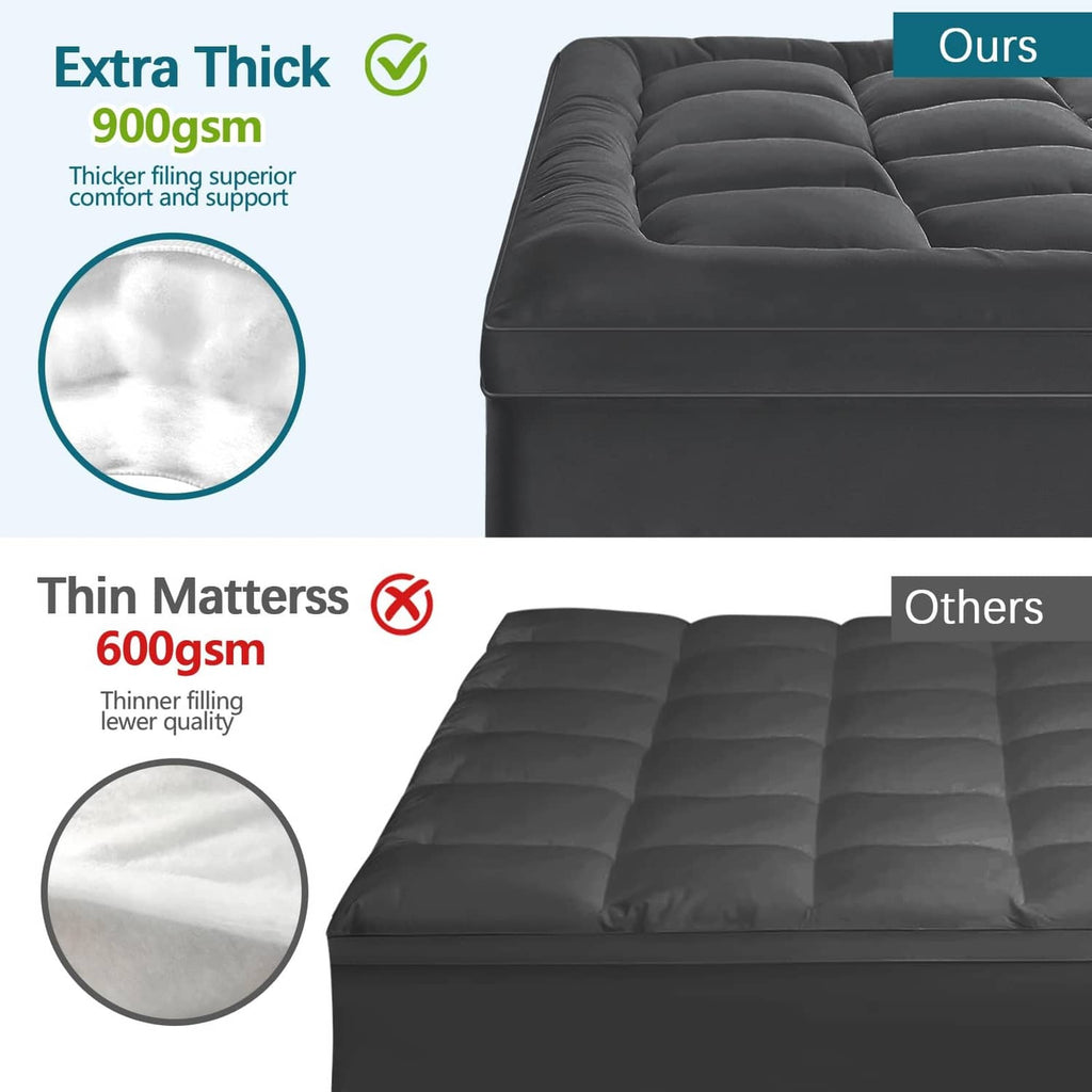 Grey extra-thick mattress topper top surface with raised quilted sections