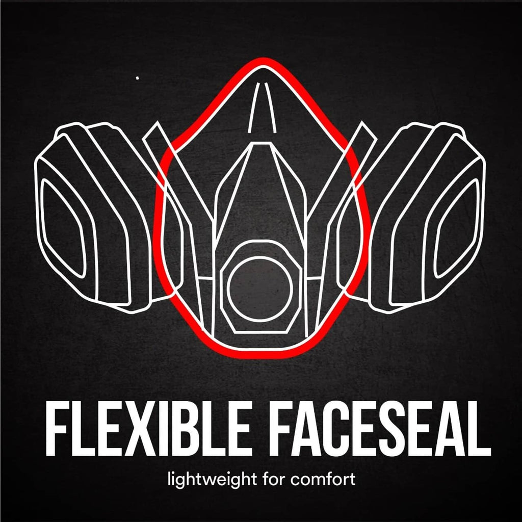 Reusable half-face respirator highlighting flexible face seal around nose and mouth
