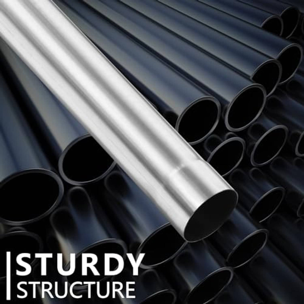 Bundle of straight stainless exhaust pipes with round black end openings, multiple tubes