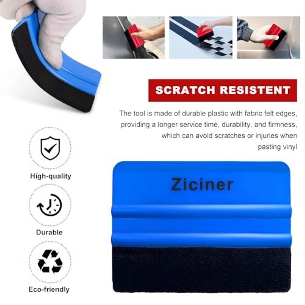Blue felt edge squeegee with black fabric base in hand for vinyl smoothing