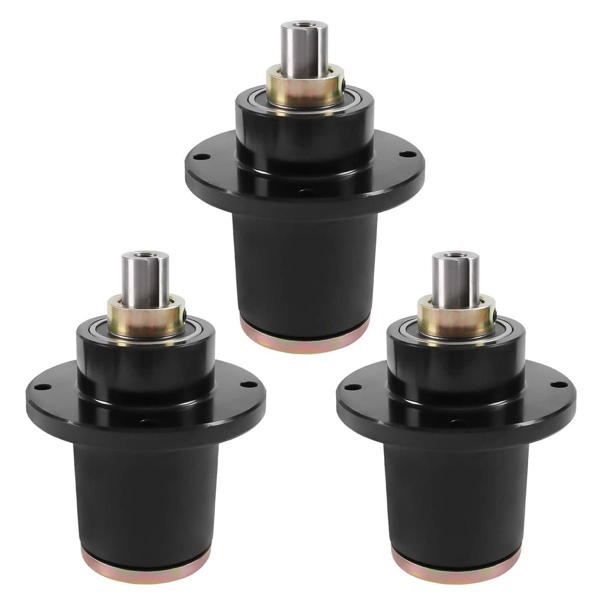 Three black spindle assemblies with silver shafts and round mounting flanges
