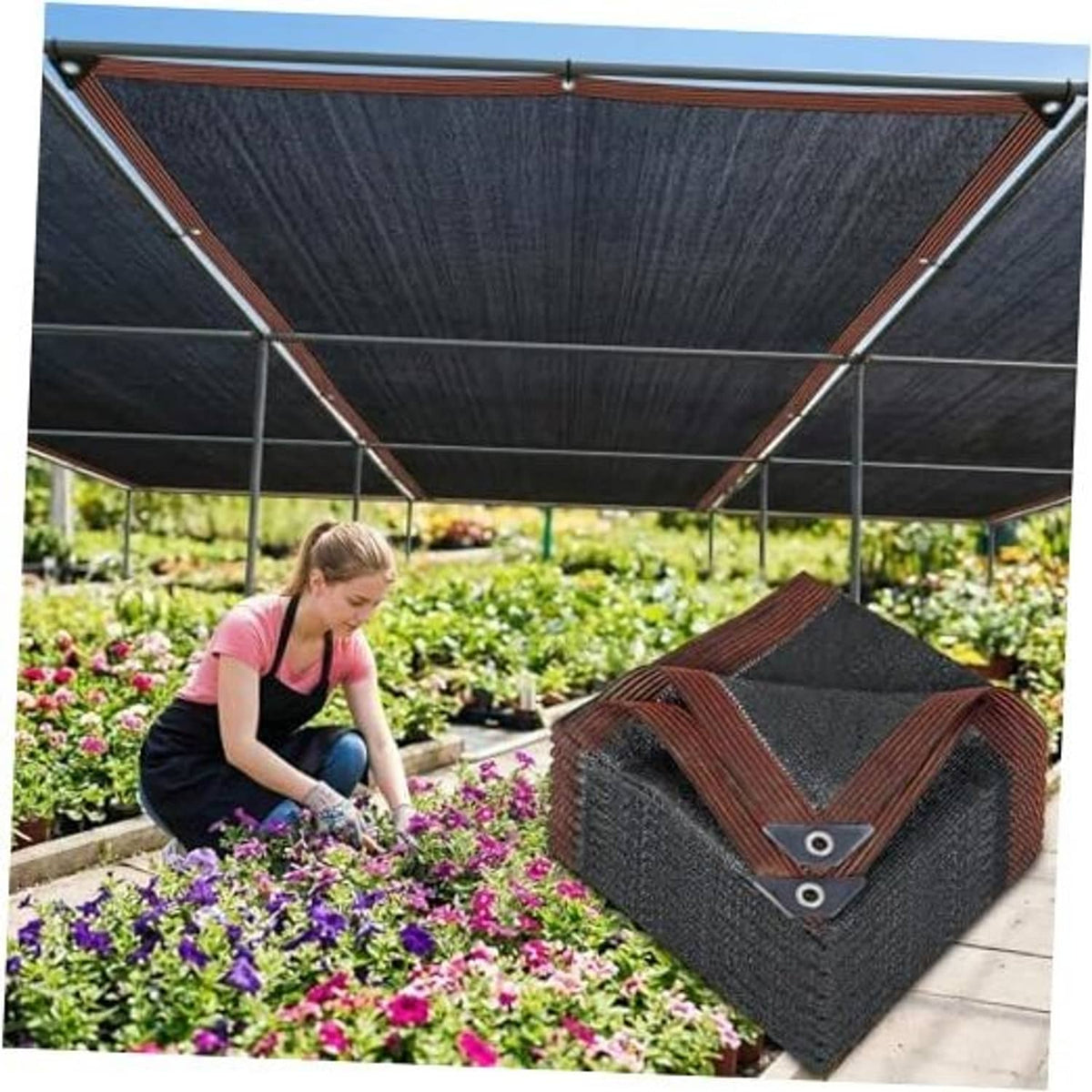Black shade cloth with brown border panels and corner tie loops
