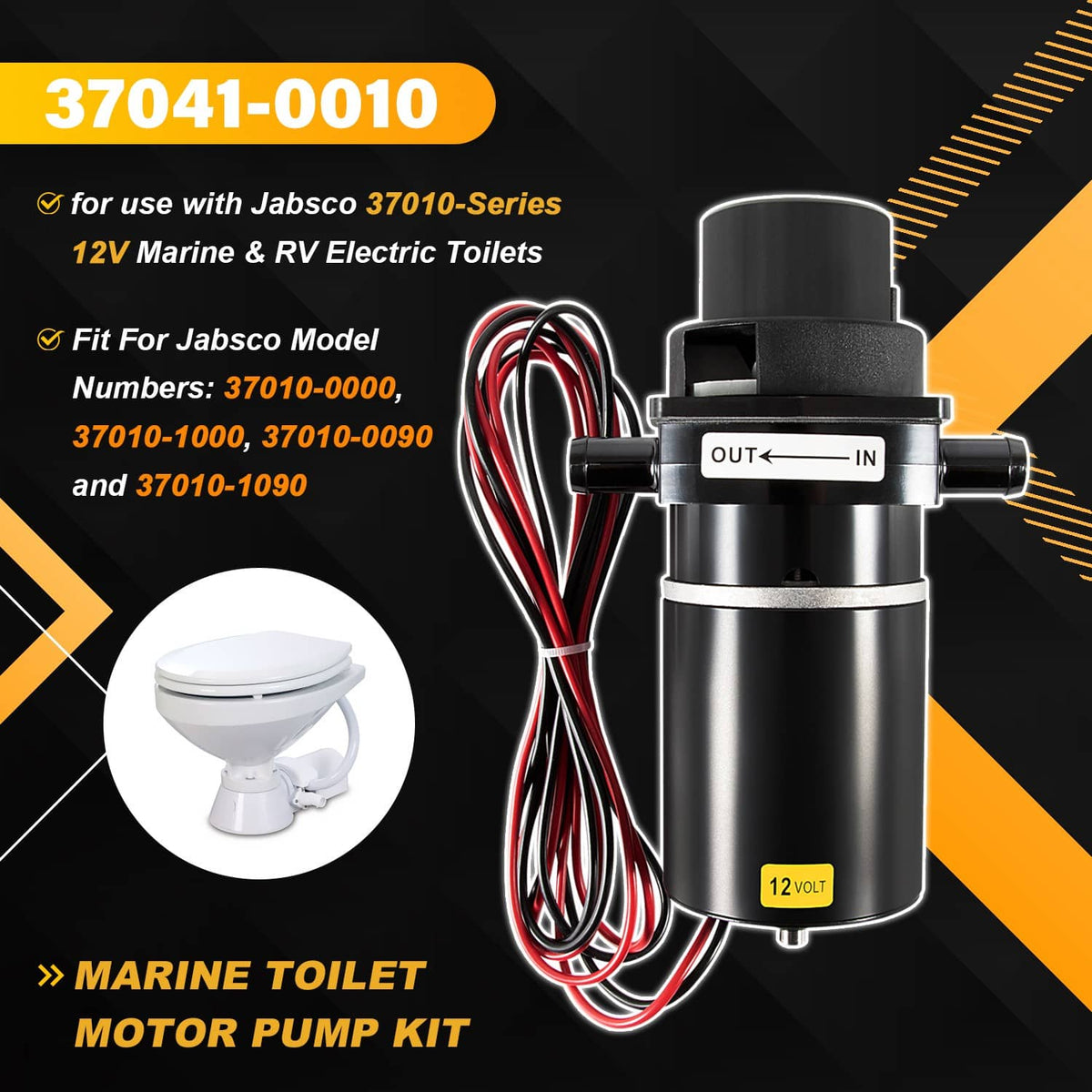 Marine 12-volt toilet macerator motor pump with power leads and connector housing