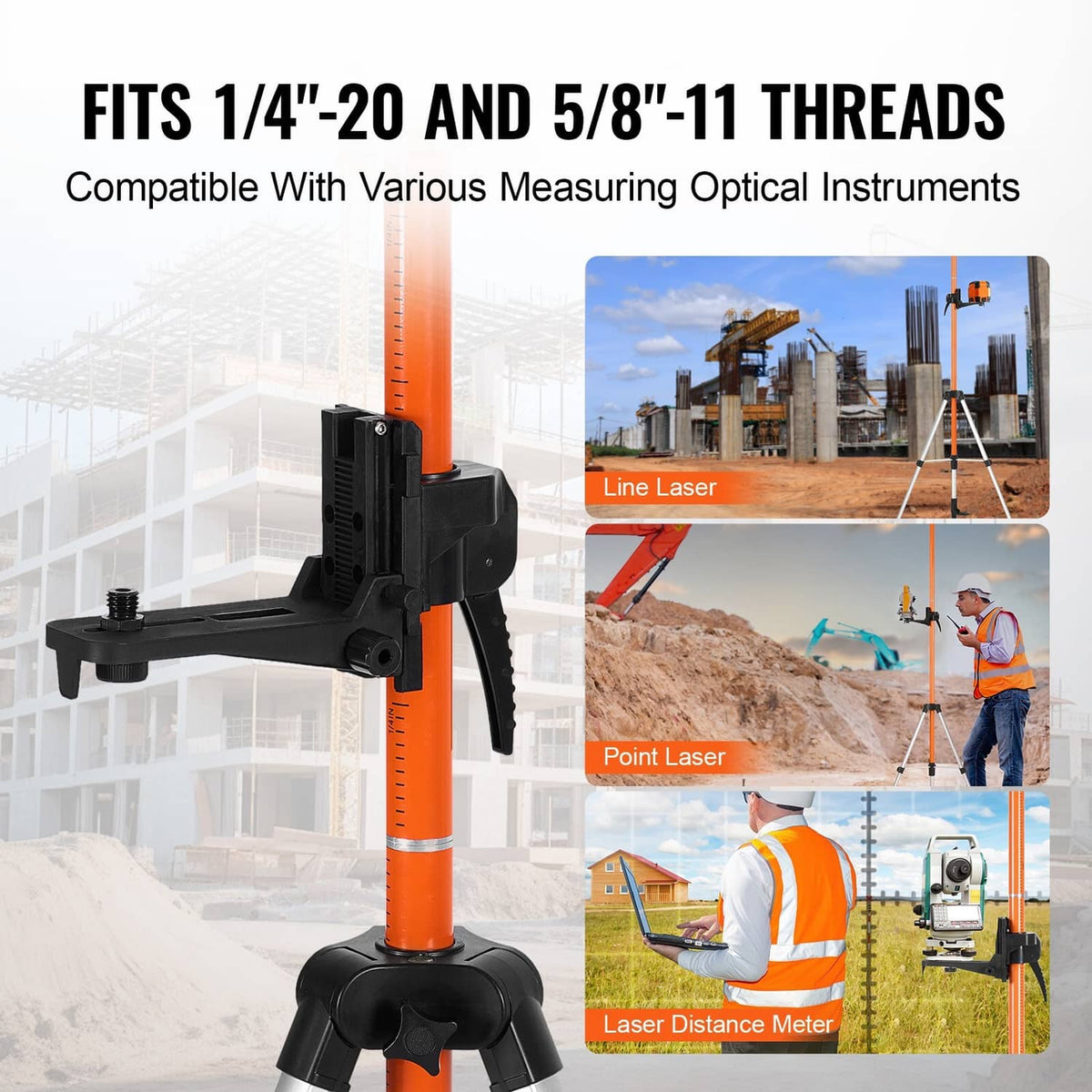 Black laser mounting head on orange tripod column with compact tripod legs
