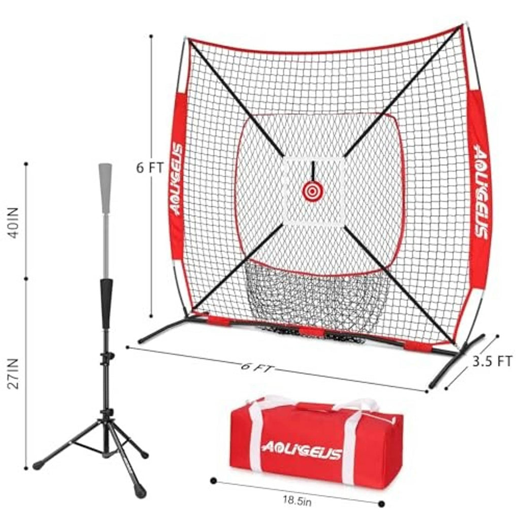 Red 6x6 pitching net with black frame, circular target, and height-adjust stand