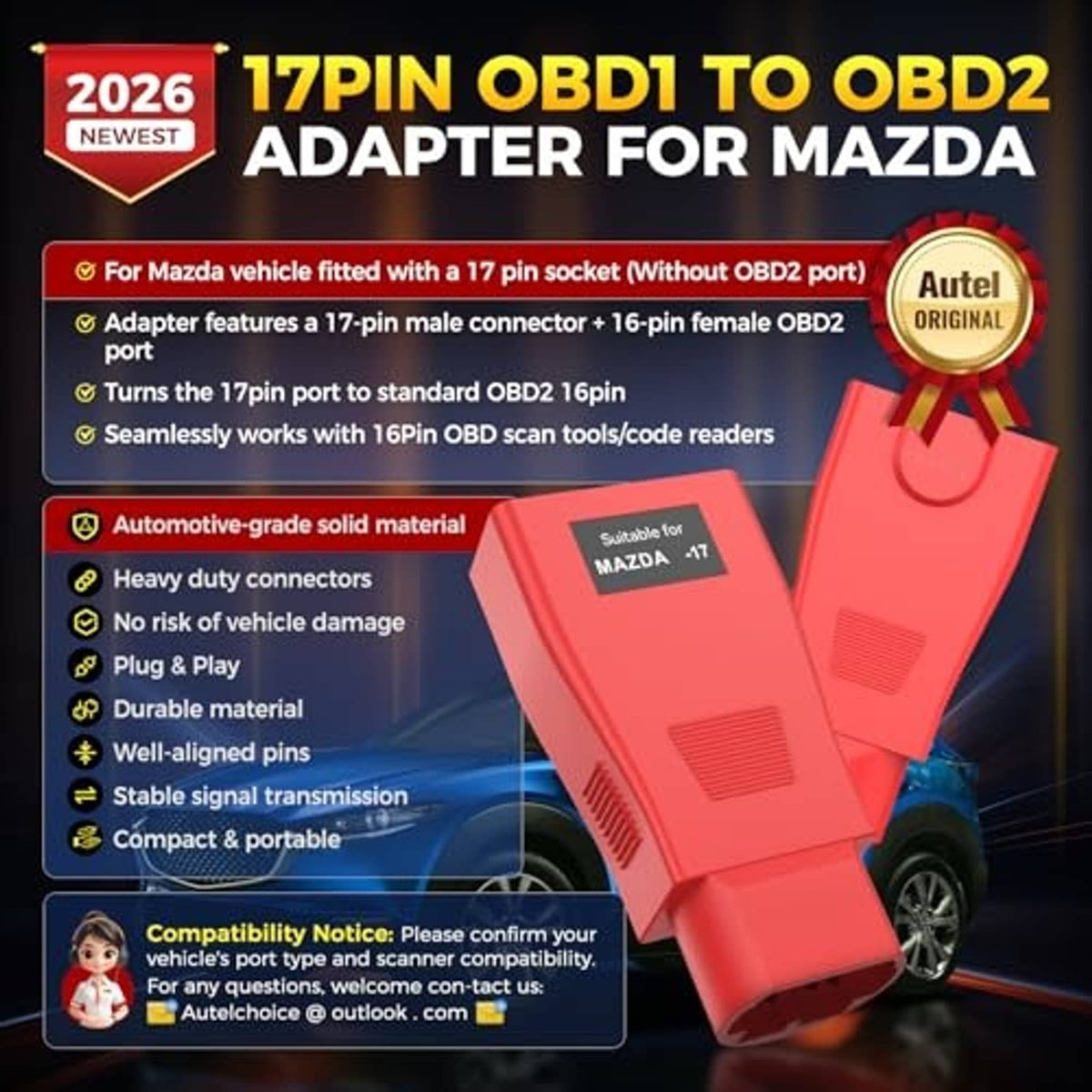 Red diagnostic adapter plug for OBD1 to OBD2 with 17-pin male and 16-pin female