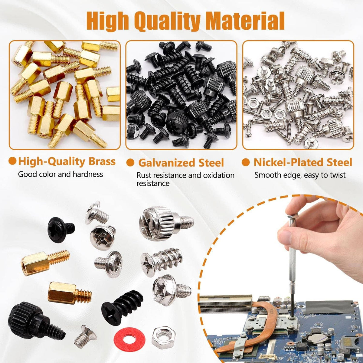 Computer screw assortment kit with brass, galvanized steel, and nickel-plated steel screws
