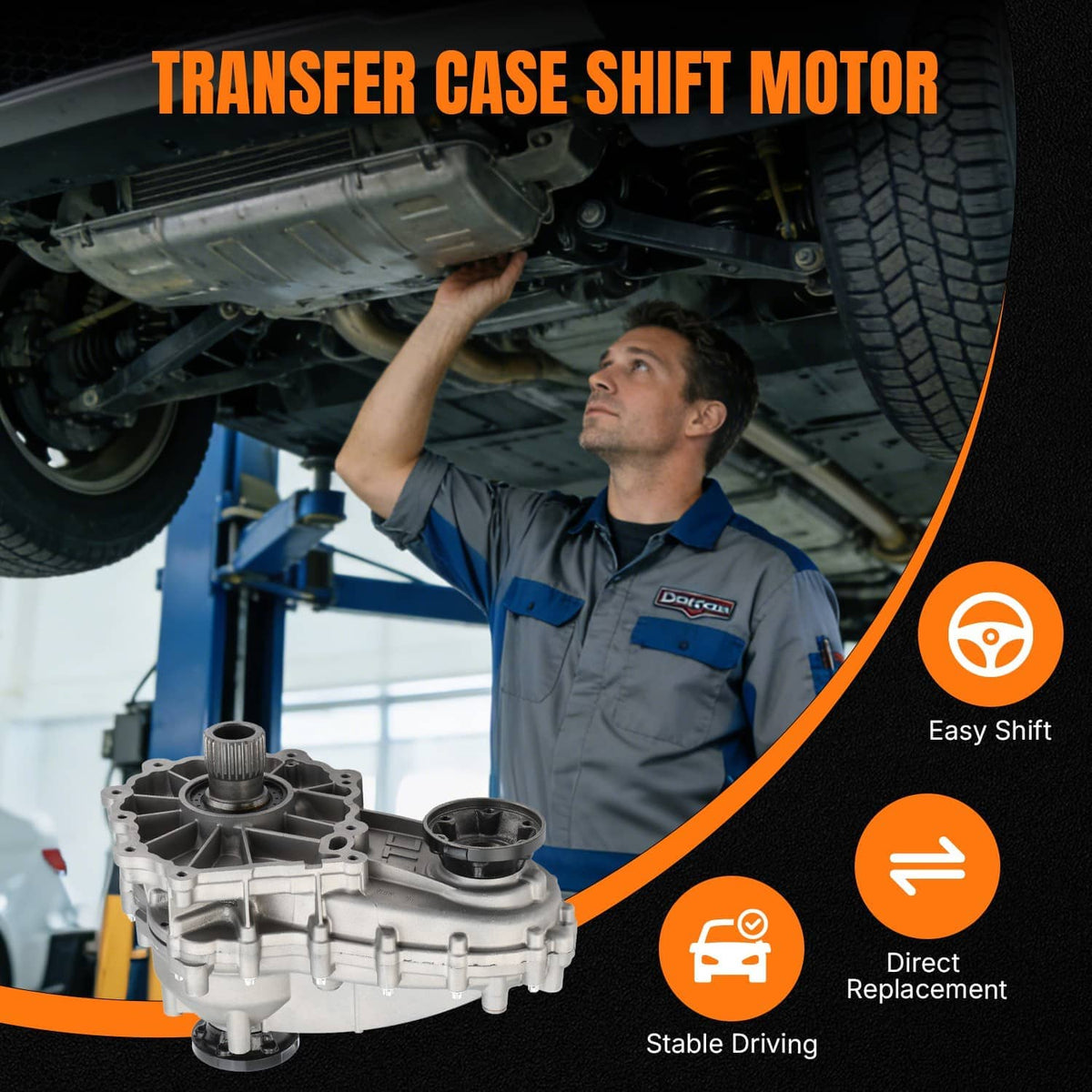 Mechanic view under SUV with silver transfer case shift motor component
