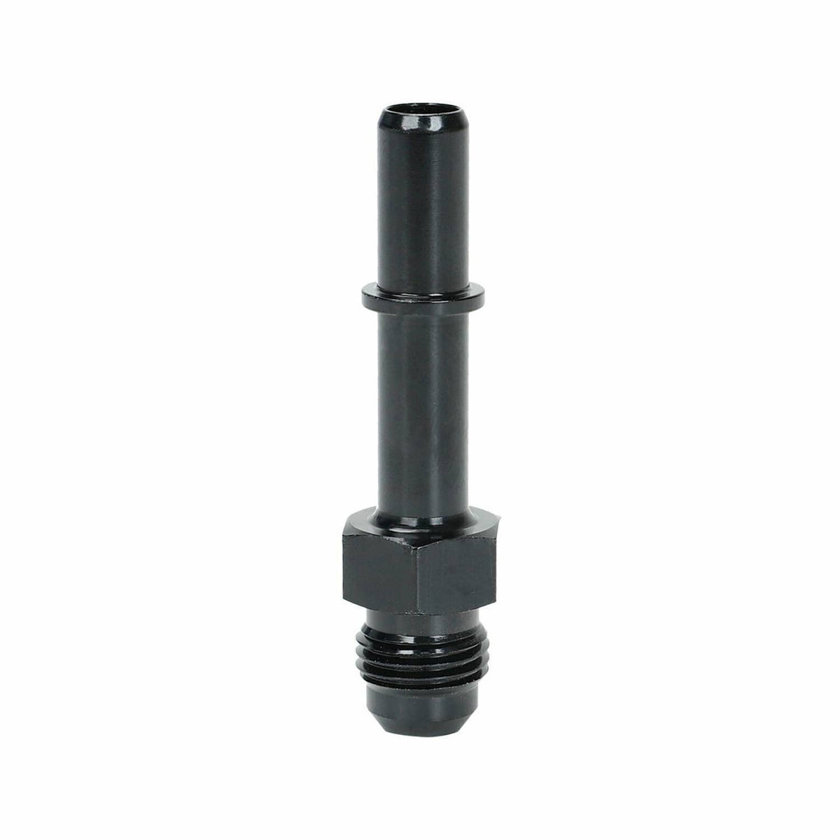 Black male fuel fitting adapter with hex collar and internal threads