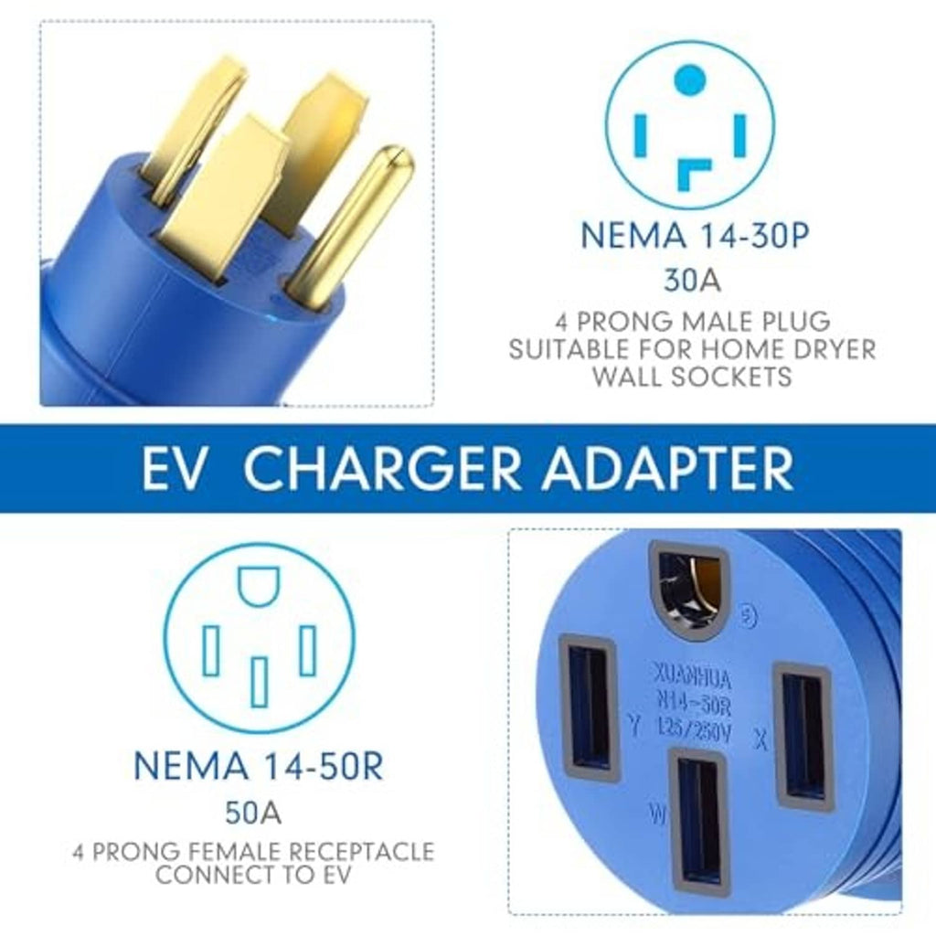 Blue EV charger adapter plug with gold prongs and round NEMA-style connector