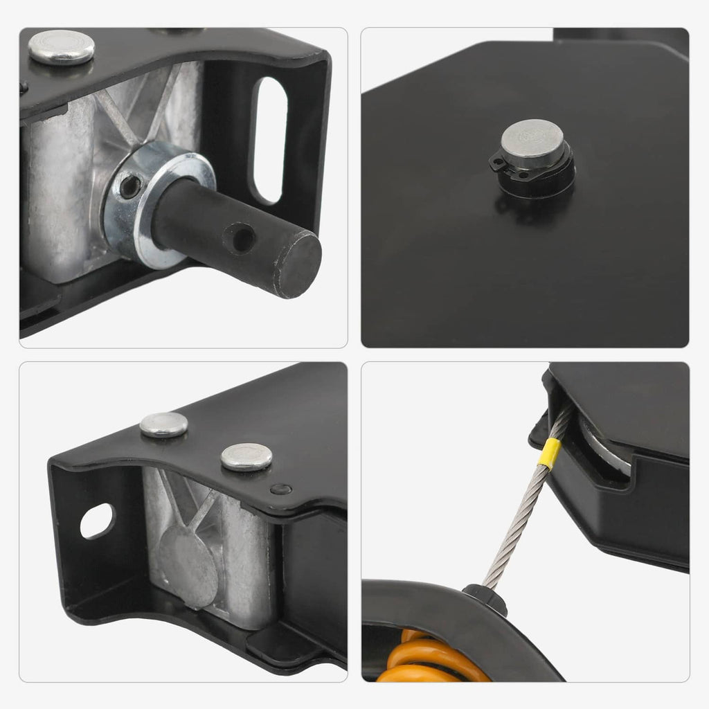 Detail view of black spare tire winch mount points and orange coil spring lever