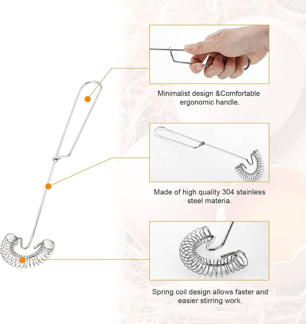 Stainless steel coil whisk with flat handle and spring loops for mixing eggs and sauces