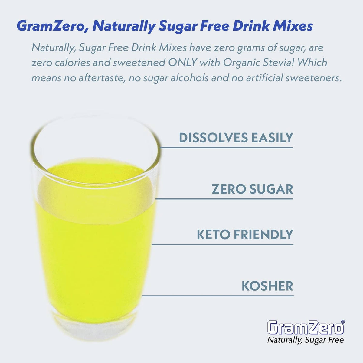 GramZero sugar-free drink mix benefits with yellow glass: dissolves easily and zero sugar