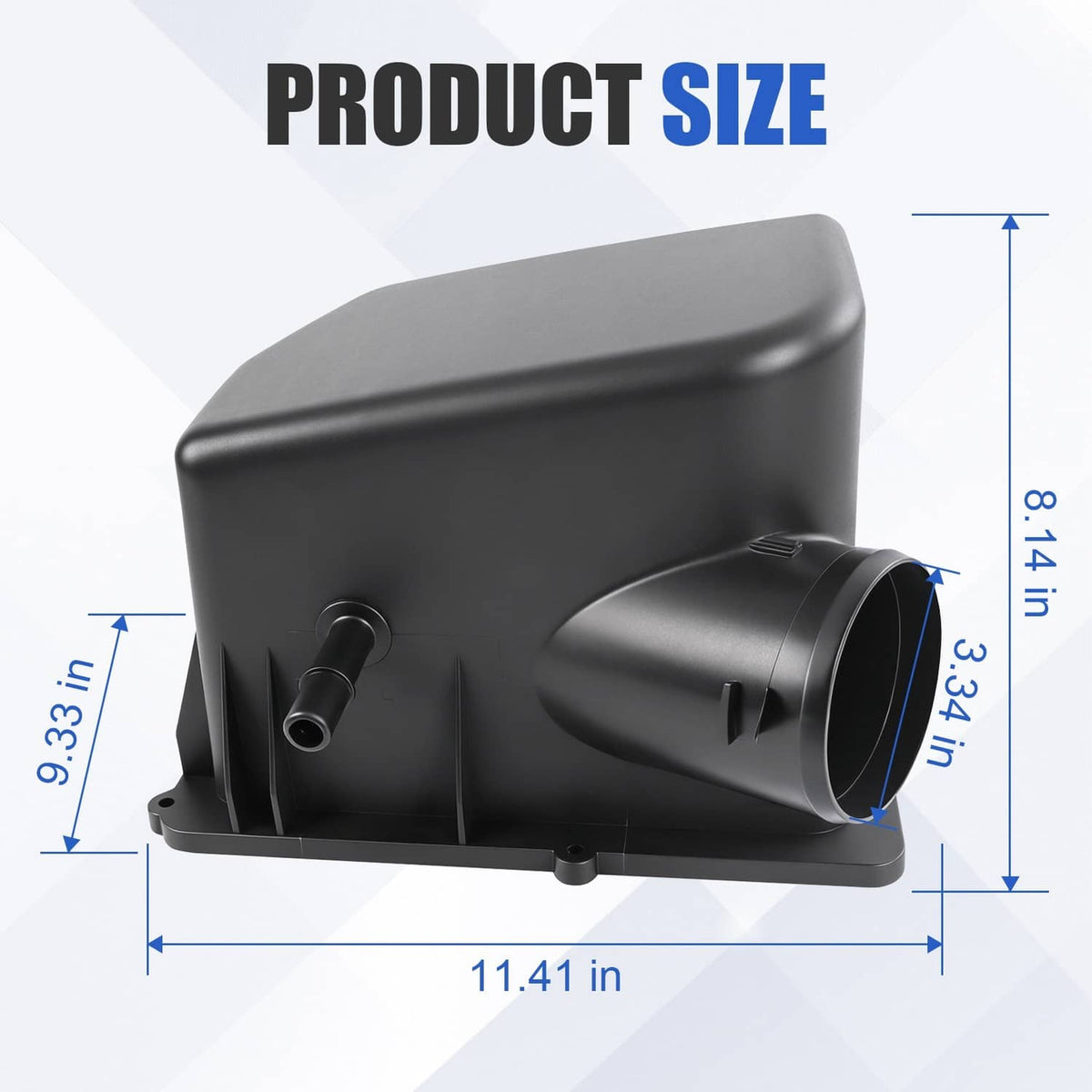 Black air filter housing with round intake opening and side outlet; product size view.