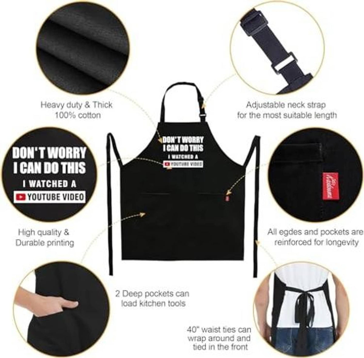 Black chef apron with quote front, deep pockets, and adjustable neck strap overview