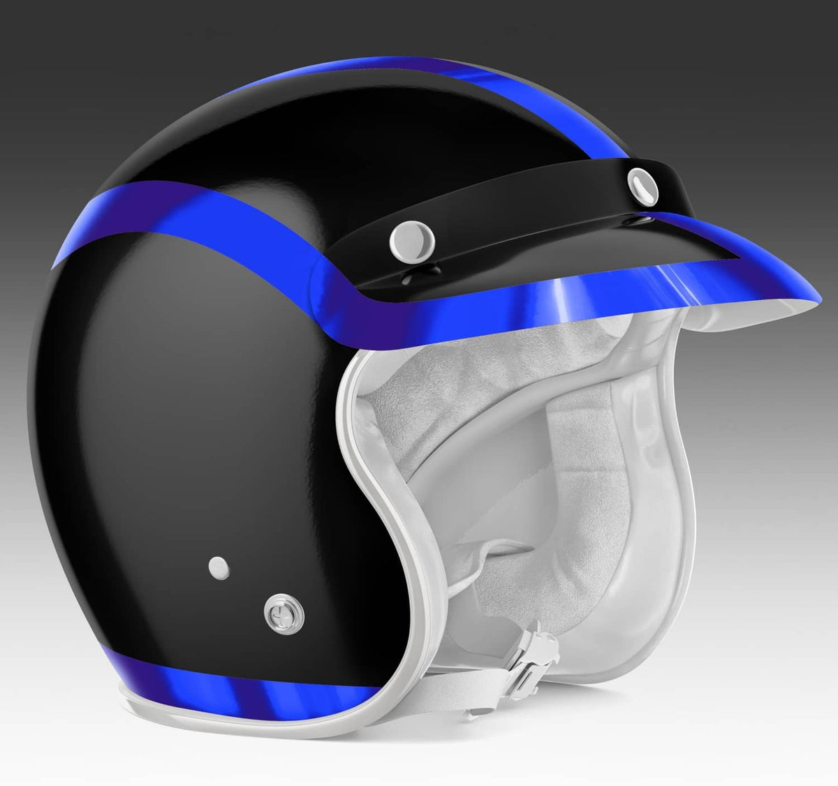 Blue holographic pinstripe accents on glossy black motorcycle helmet, blue stripe