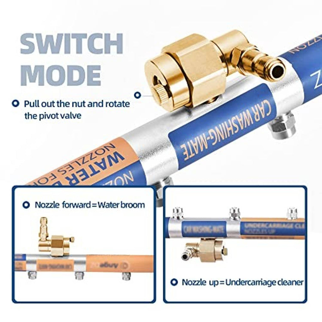Brass pressure washer nozzle connector with blue water broom wand in switch mode.