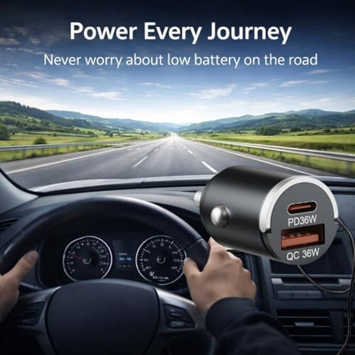Black USB-C car charger plugged near dashboard, PD36W and QC36W ports