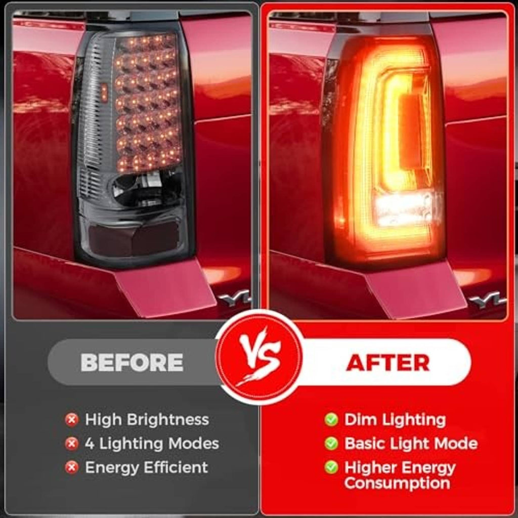 Rear tail light assembly with bright amber-white LED glow inside a red lens housing.