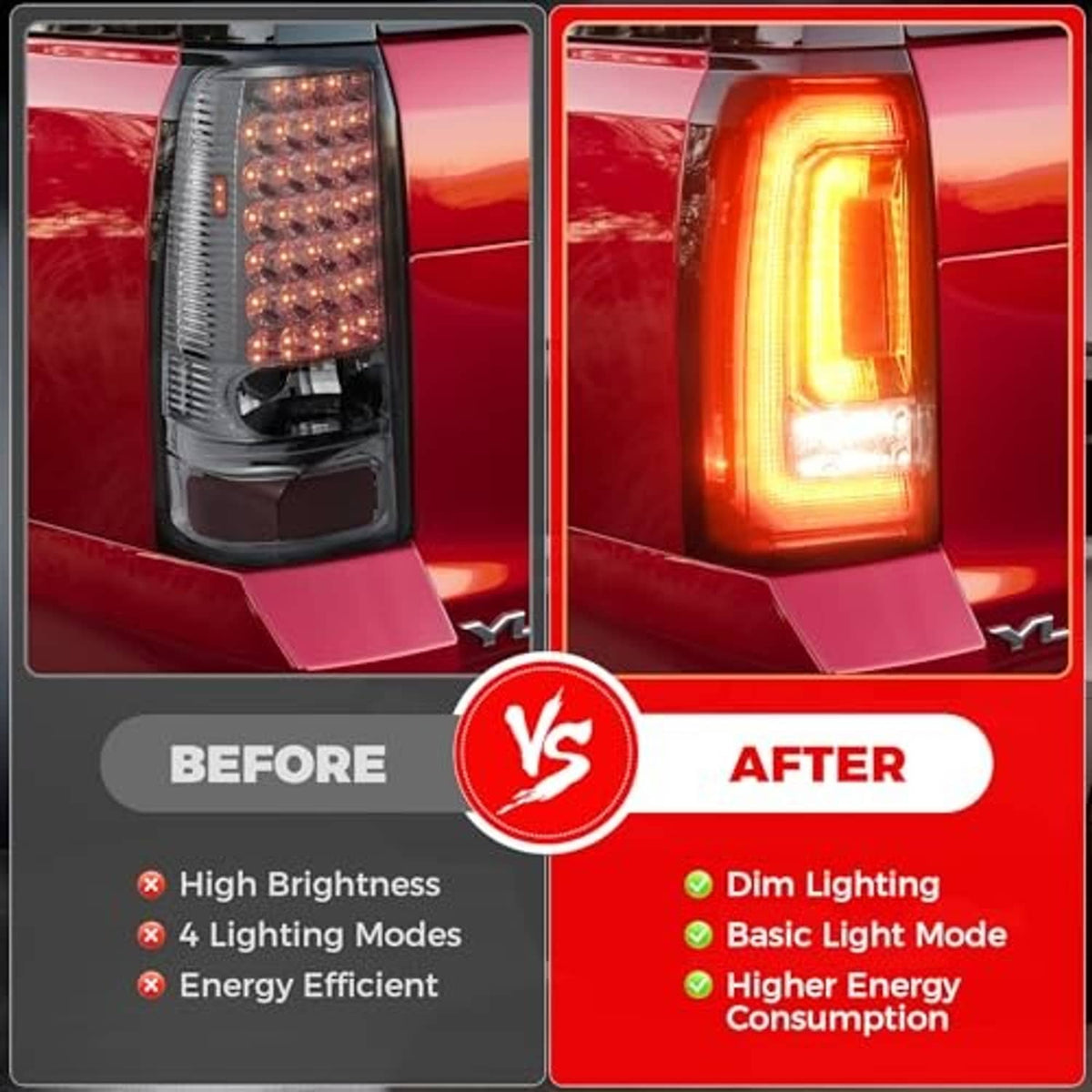 Rear tail light assembly with bright amber-white LED glow inside a red lens housing.