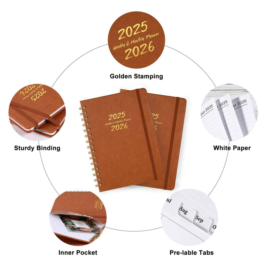 Brown twin-wire planner features: golden stamping, sturdy binding, inner pocket, tabs.