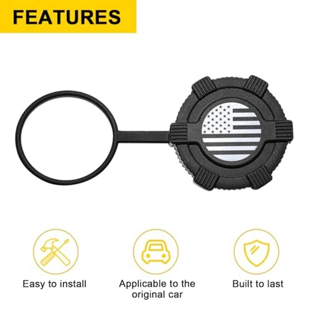 Black fuel filler dust cover with US flag emblem and tethered rubber ring