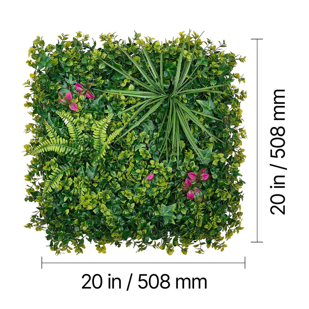 Close-up square artificial greenery panel with green ferns and small pink flower accents.