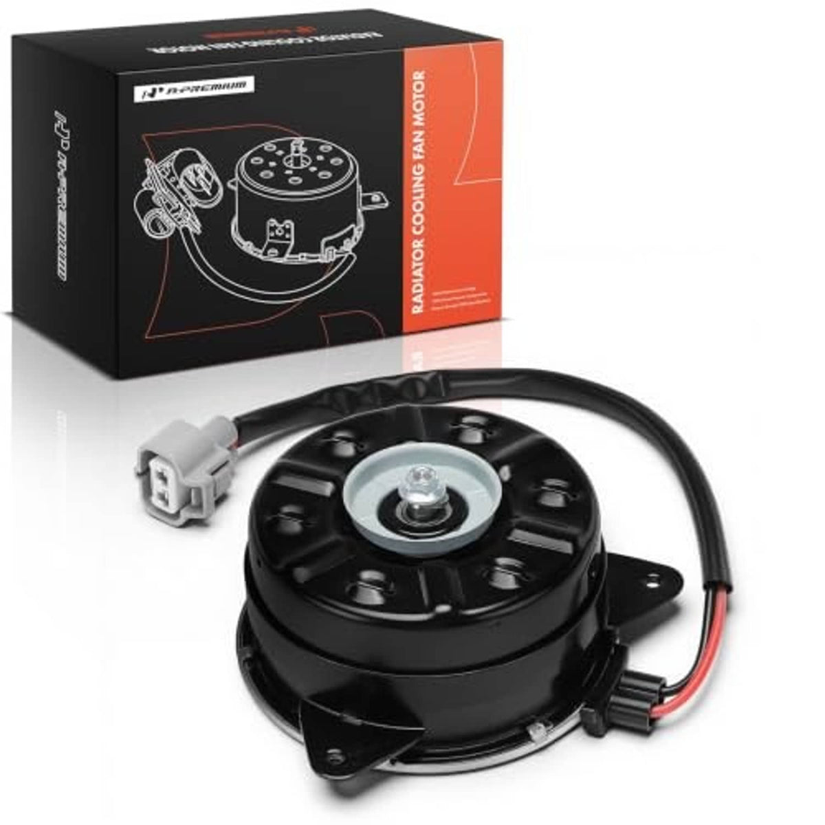 Radiator fan motor assembly with black fan blade and multi-connector wiring harness.