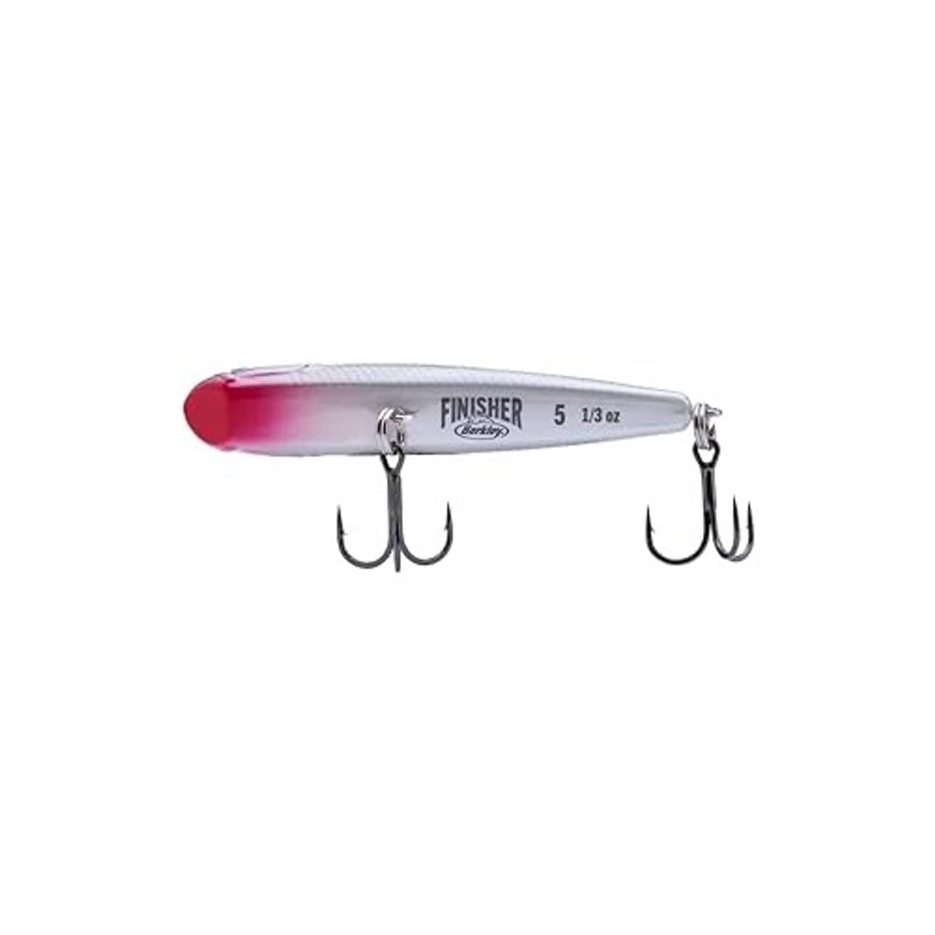 Red and white fishing lure with two treble hooks and centered label