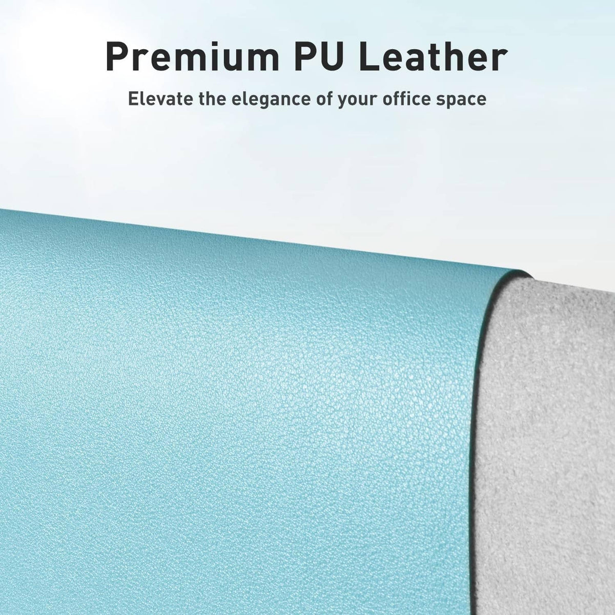 Blue topaz PU leather desk pad with textured finish and curved edge