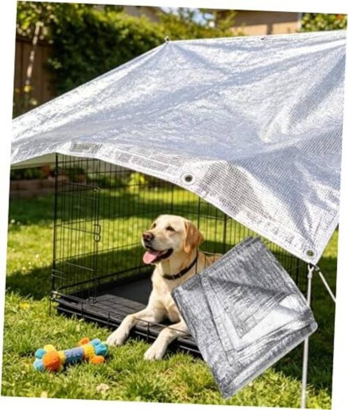Silver aluminum sun shade cloth canopy with reinforced edges and grommet corners, 8x10 ft