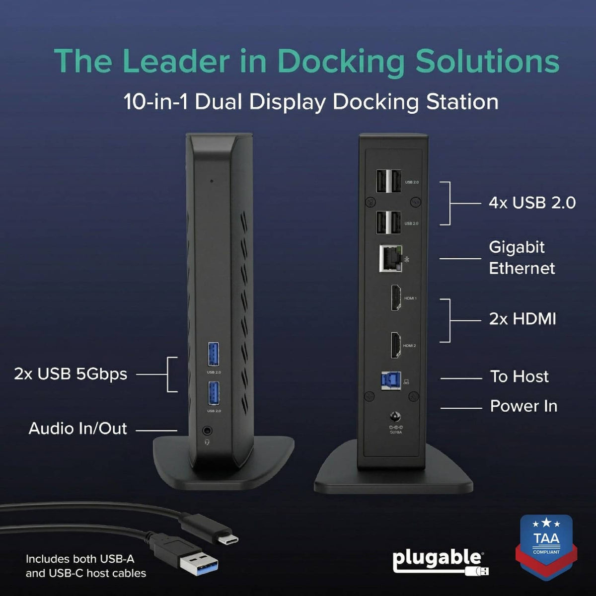 Black docking station with visible USB and HDMI ports on desktop base