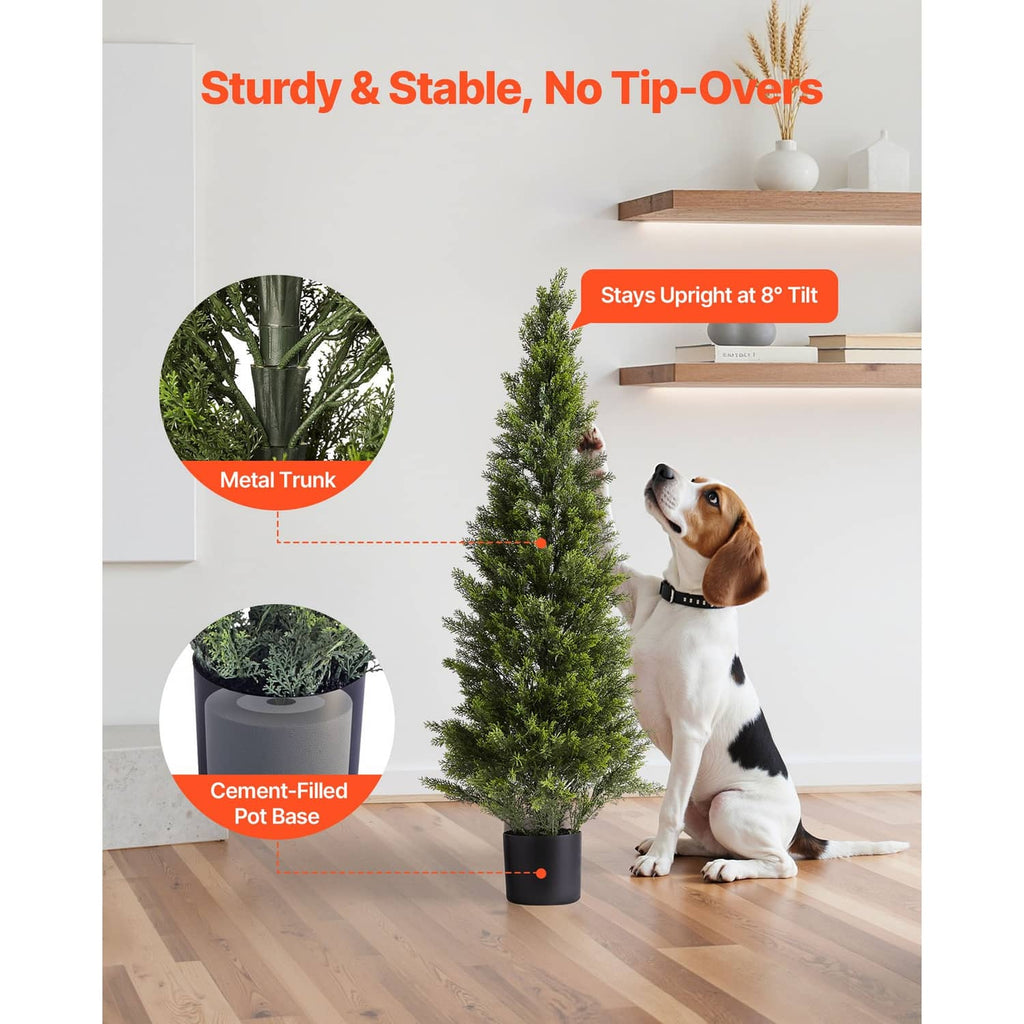 Artificial cedar-style topiary tree with metal trunk and cement-filled pot base for stability