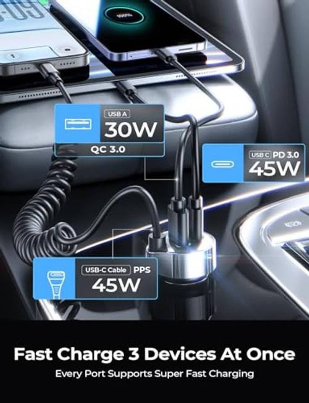 Black multi-port car charger with USB-A and USB-C PD ports and coiled cable